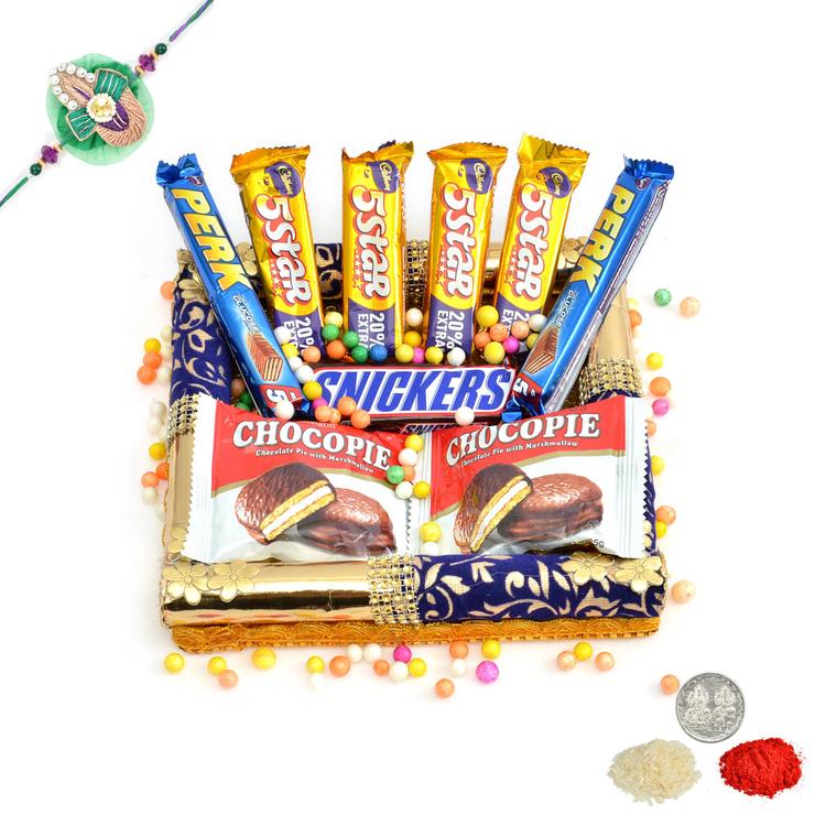 Decorated Square Tray of Chocolates With Rakhi