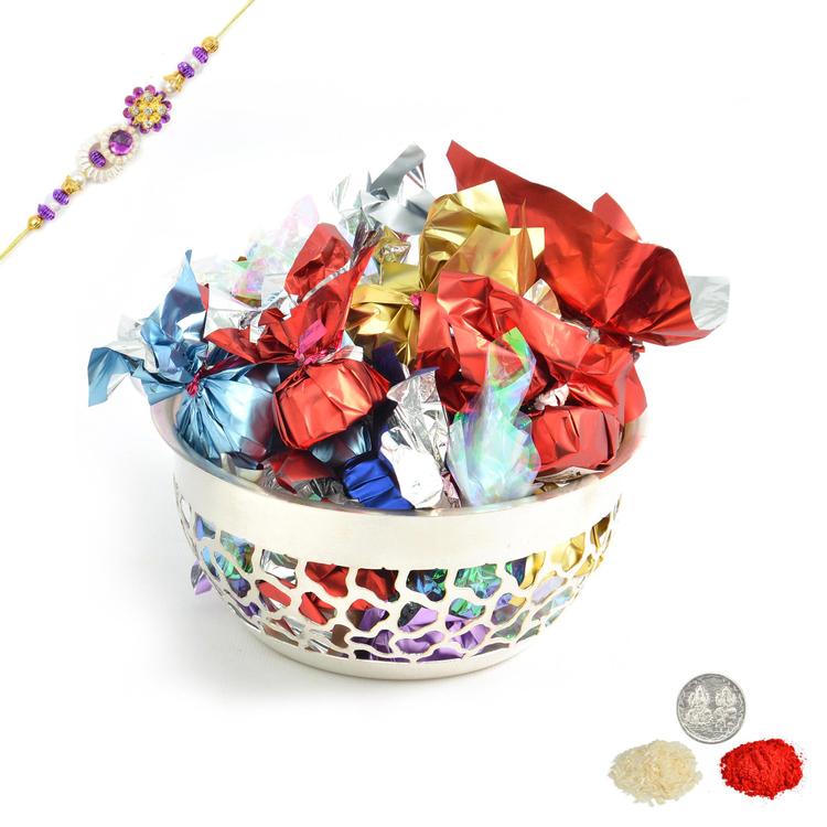 Handmade Chocolates in a Silver Bowl with Rakhi