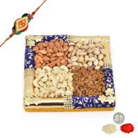Flavoursome Dry Fruits in Golden Thali with Rakhi
