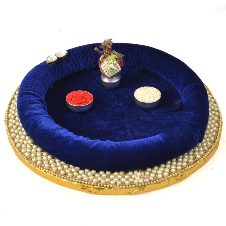Round Blue Velvet Traditional Thali