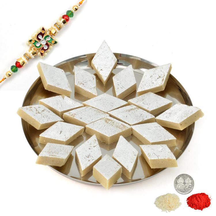 Thali of Tasty Badam Barfi With Rakhi