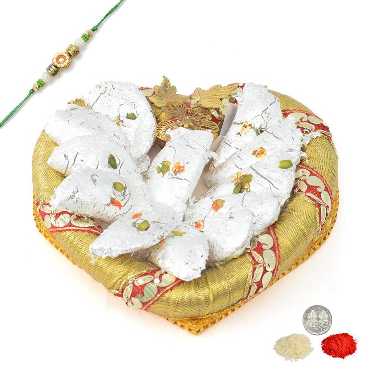 Heart Shaped Tray of Kaju Gujia with Rakhi