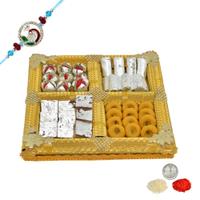 Delectables in a Decorated Golden Tray with Rakhi