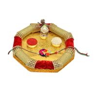 Red and Golden Traditional Thali with Rakhi