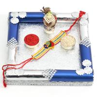Traditional Blue and Silver Thali with Rakhi