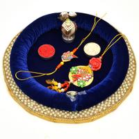 Round Blue Velvet Traditional Thali with Rakhi