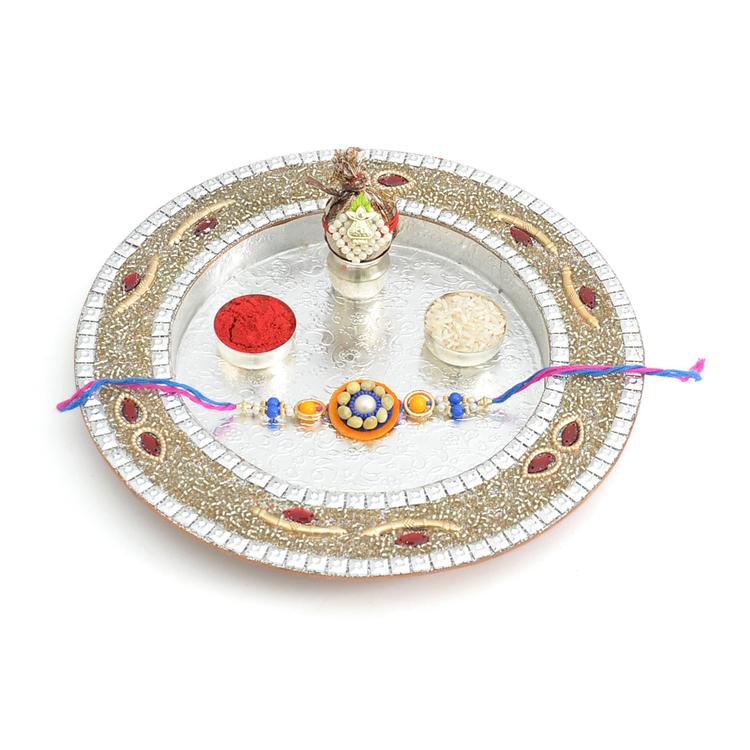 Stone Studded Round Traditional Thali with Rakhi