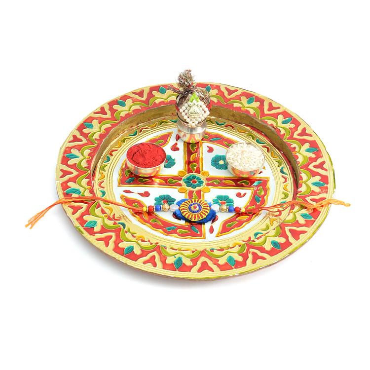 Auspicious Meenakari Puja Thali with Rakhi