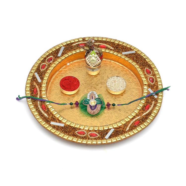Propitious Golden Puja Thali with Rakhi