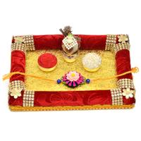Beautiful Red Golden Puja Thali with Rakhi