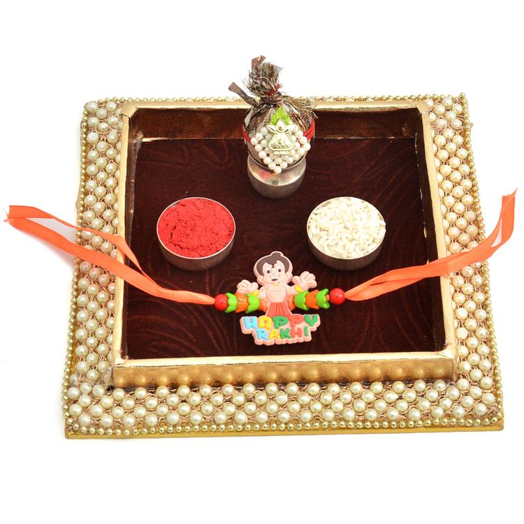 Brown Velvet Kundan Puja Thali with Rakhi