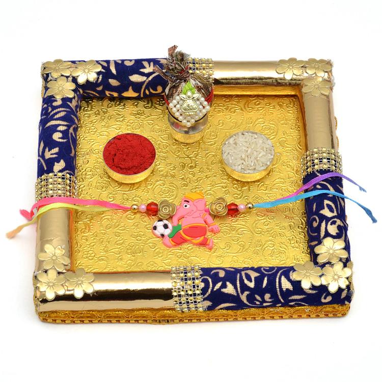 Gorgeous Blue Golden Puja Thali with Rakhi