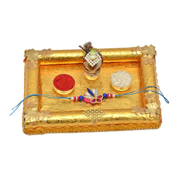 Ravishing Golden Puja Thali with Rakhi