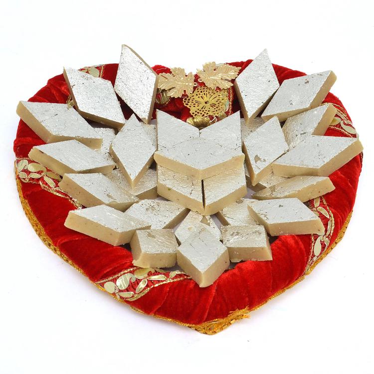 Kaju Barfi In Red Heart Shaped Tray