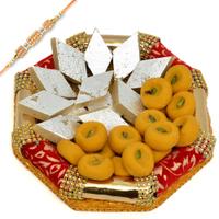 Combo Of Kesaria Peda And Kaju Barfi With Rakhi