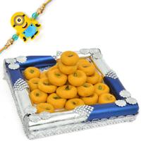 Kesaria Peda In Blue Square Shaped Tray With Rakhi