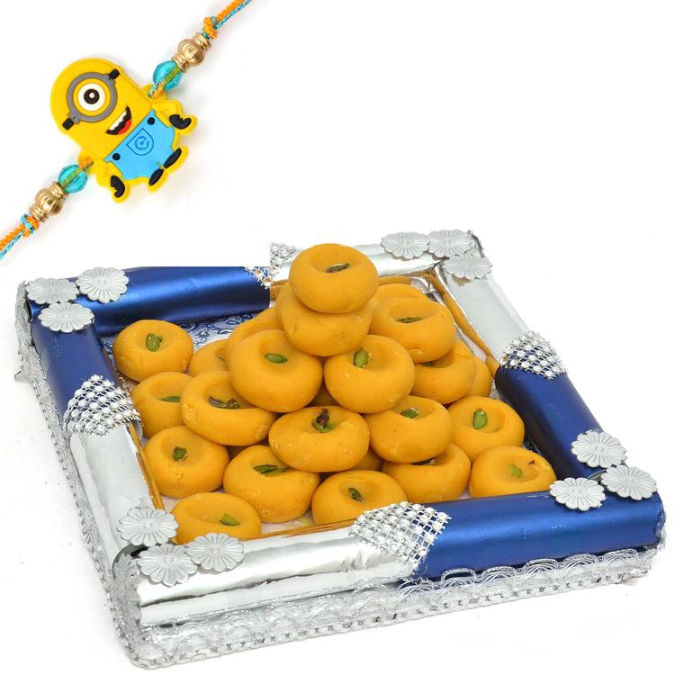 Peda In Blue Square Tray & Rakhi