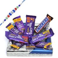 Dairy Milk and Snickers in a Square Tray With Rakhi
