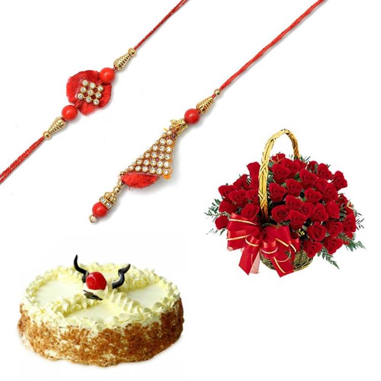 Elegant Flowers And Cake With Rakhi