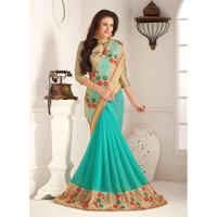 Nice-looking Embroidered Pallu Saree in Turquoise