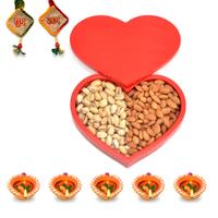 Red Heart Shaped Box of Dry Fruits with Diya