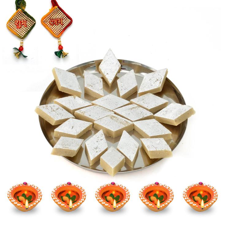 Thali of Tasty Badam Barfi with Diya