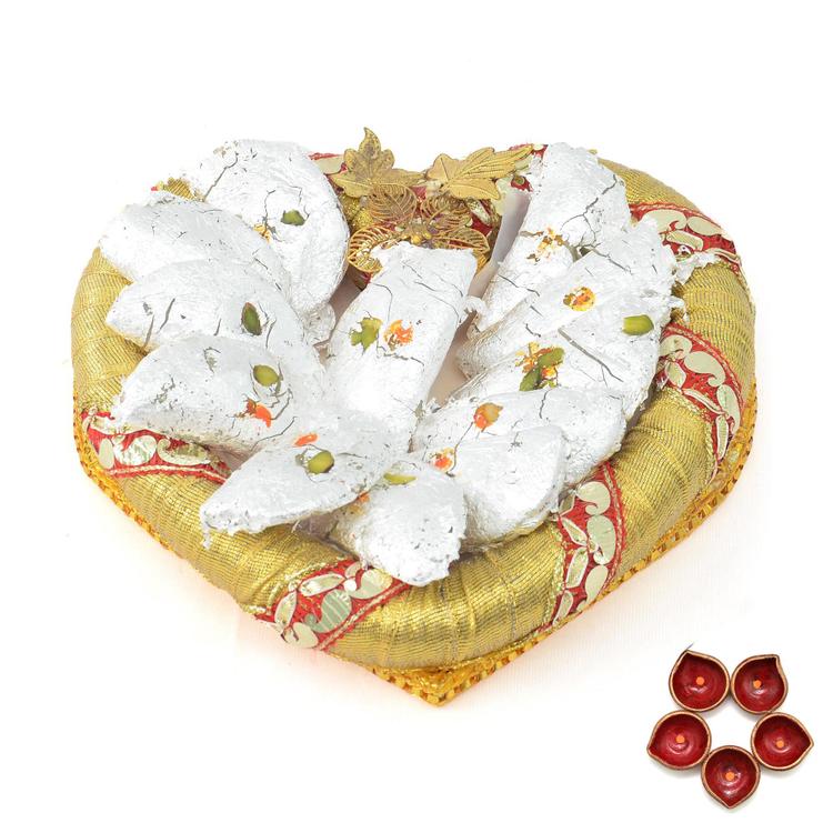 Heart Shaped Tray of Kaju Gujia with Diya