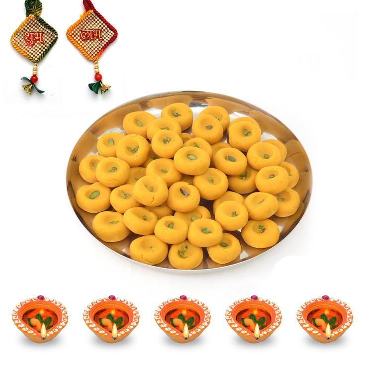 Thali of Kesaria Peda With Diya