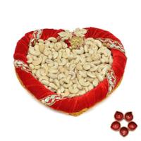 Red Heart Tray of Kaju, Diya