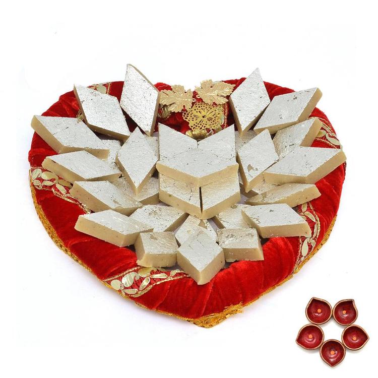 Kaju Barfi in a Heart Tray & Diya