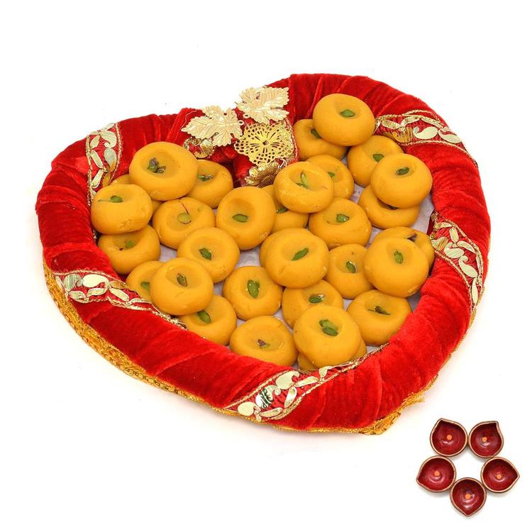 Kesaria Peda In Red Heart Tray, Diya