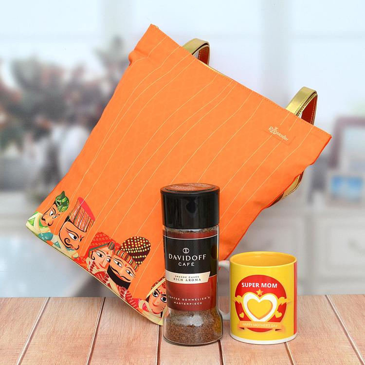Orange Jhola with Coffee and Supermom Mug