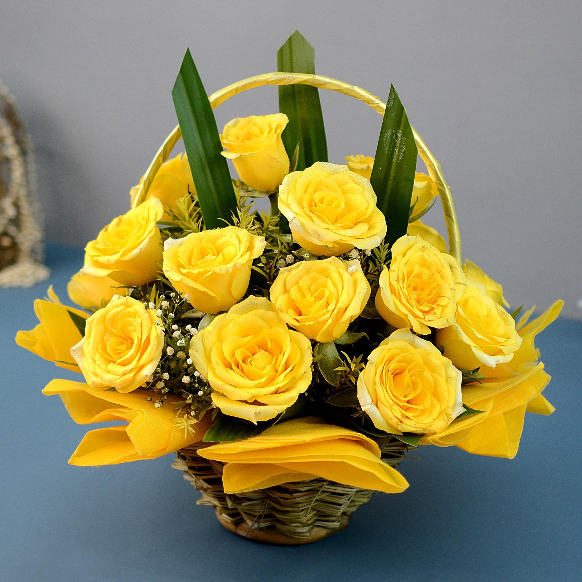 24 Yellow Roses Basket Flowers
