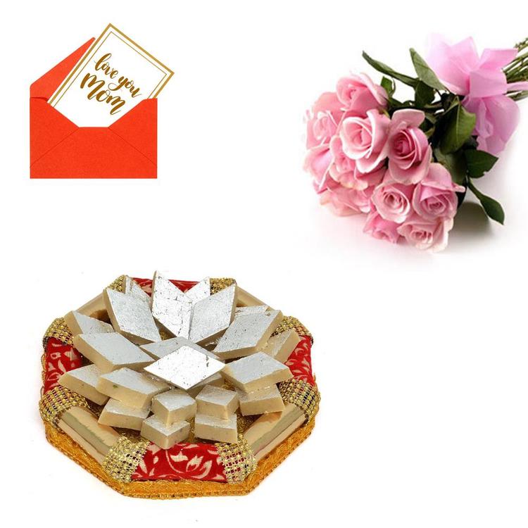 12 Pink Roses, Kaju Barfi with Thali