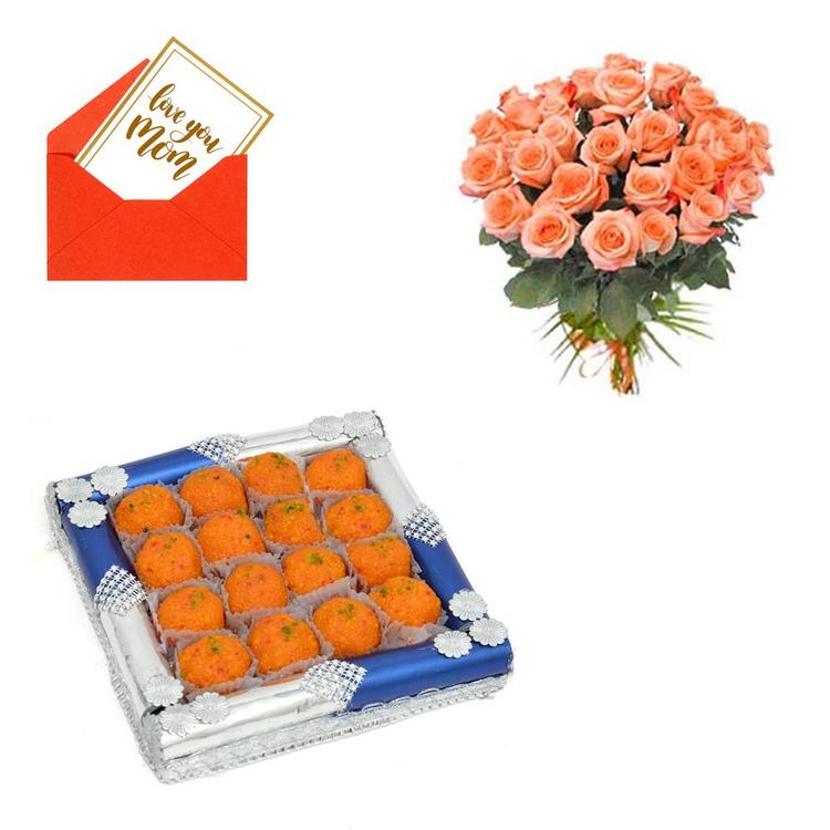 Peach Roses, Motichoor Laddu in Thali