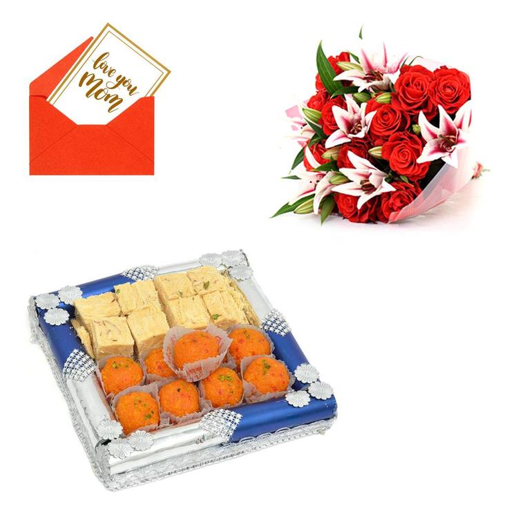 Roses & Lilies with Motichoor Laddu