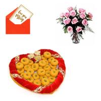 12 Pink Roses and Peda in Thali for Mom