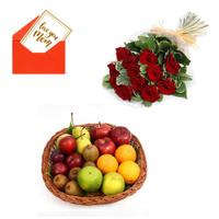 12 Red Roses with Fruit Basket