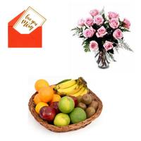 12 Pink Roses with Fruits Hamper for Mom