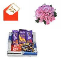 24 Pink Roses with Chocolates in Square Thali
