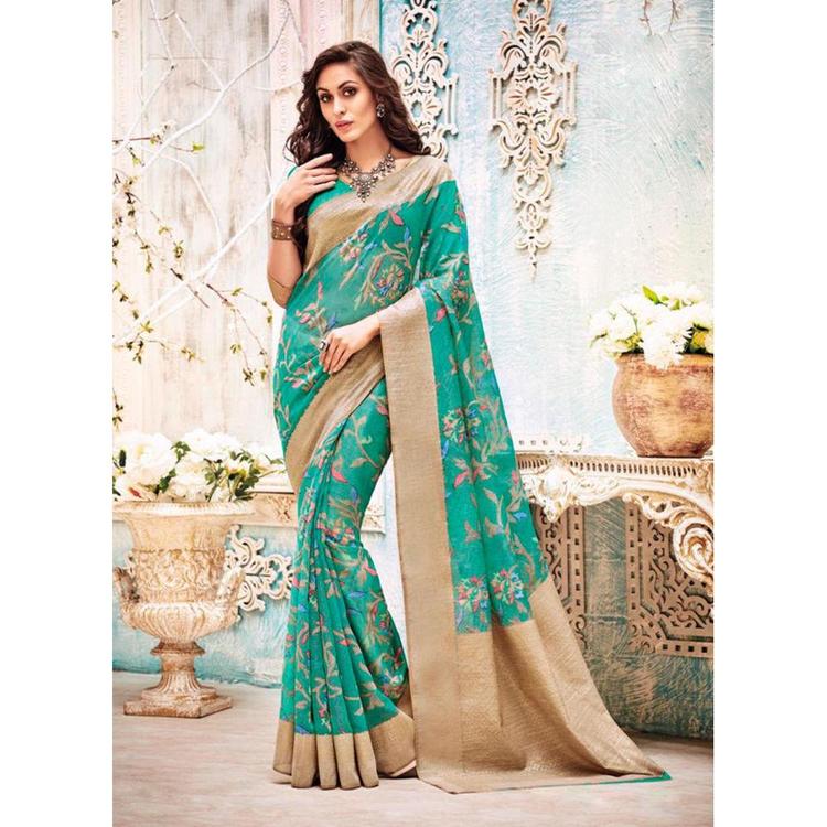 Women's Classic Looking Silk Turquoise Ethnic Saree