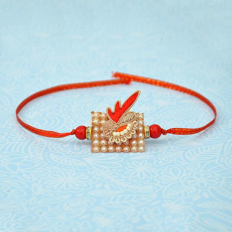 Half Moti Designer Red Rakhi