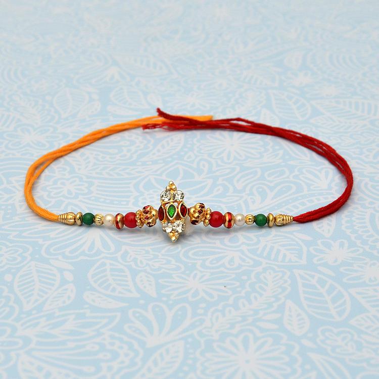 Designer Stone, Red, Yellow Thread Rakhi