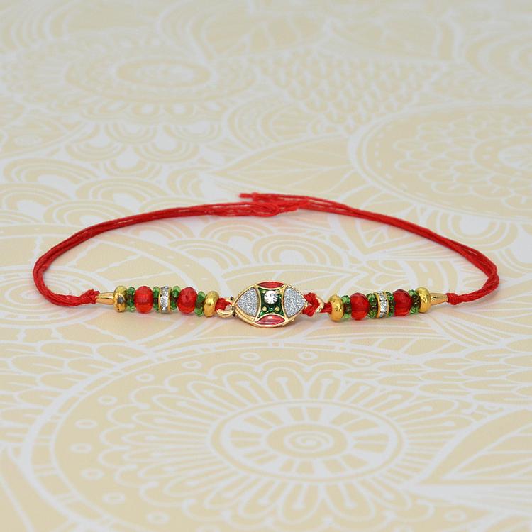 Green & Red Metal with Red Thread Rakhi