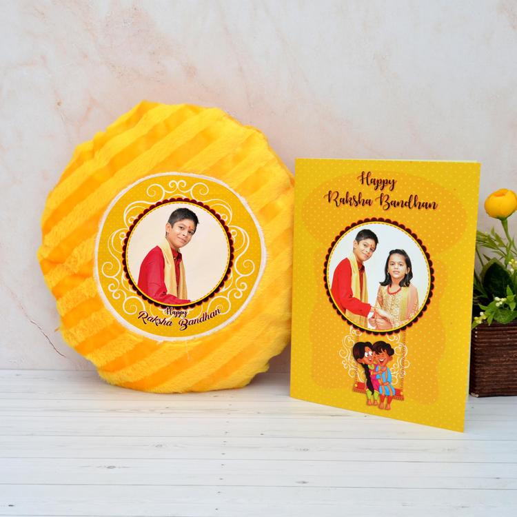 Yellow Mug, Oval Pillow & Rakhi