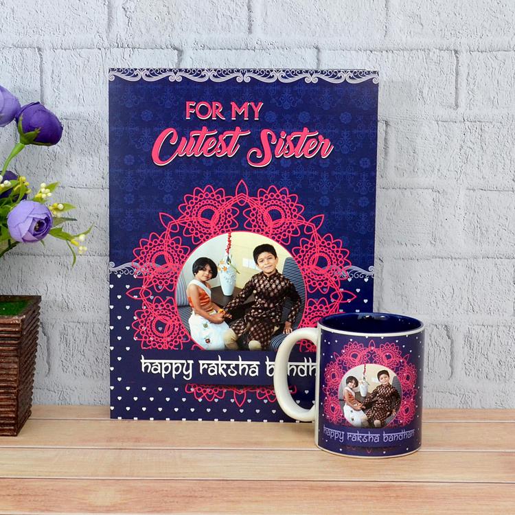 Personalized Blue Mug, Card & Rakhi