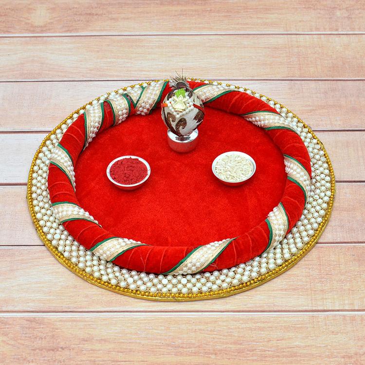 Bati, Kalash, Nariyal, Roli Chawal in Thali