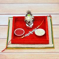 Rakhi Red Designer Puja Thali with Silver Rakhi