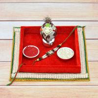 Rakhi Red Designer Puja Thali with Rakhi