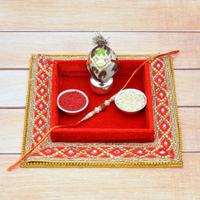 Rakhi Red Designer Puja Thali with Swastik Rakhi